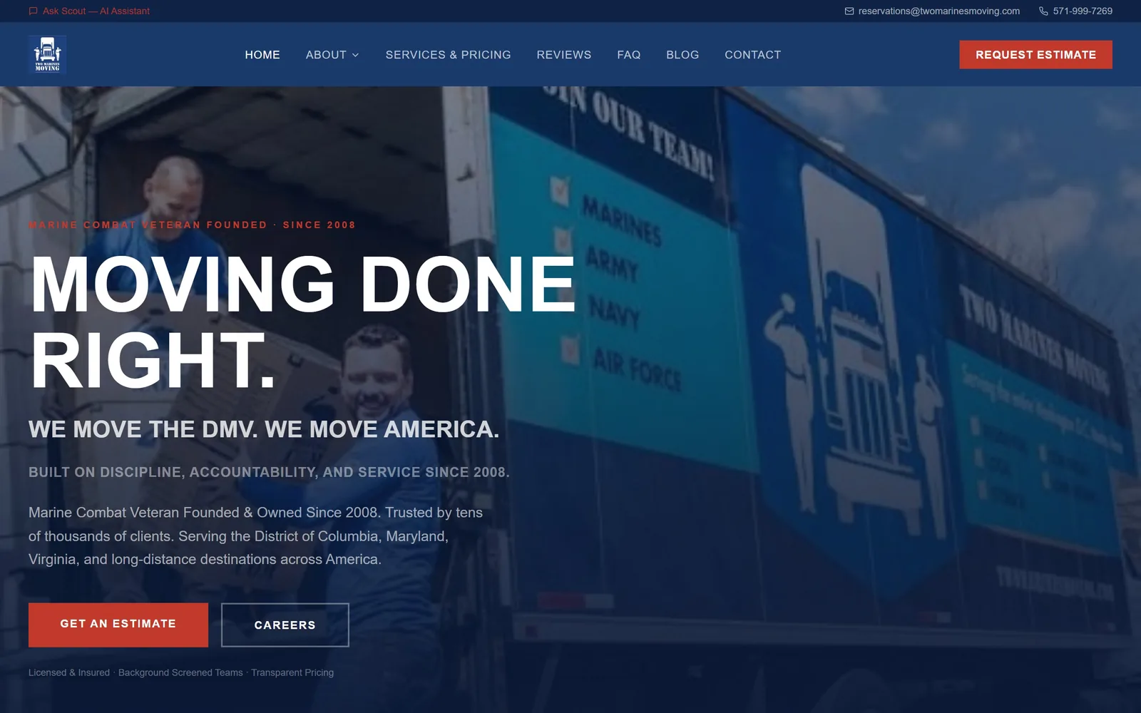 twomarinesmoving.com, moving company website design: mOVING DONE RIGHT. at 96px in Oswald caps over a navy-tinted photograph of a branded