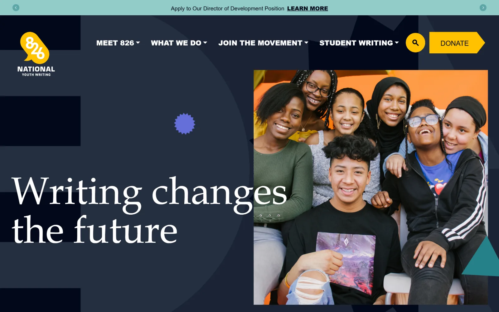 826national.org, nonprofit website design: offset geometric shapes build a navy field carrying the serif line Writing changes the future