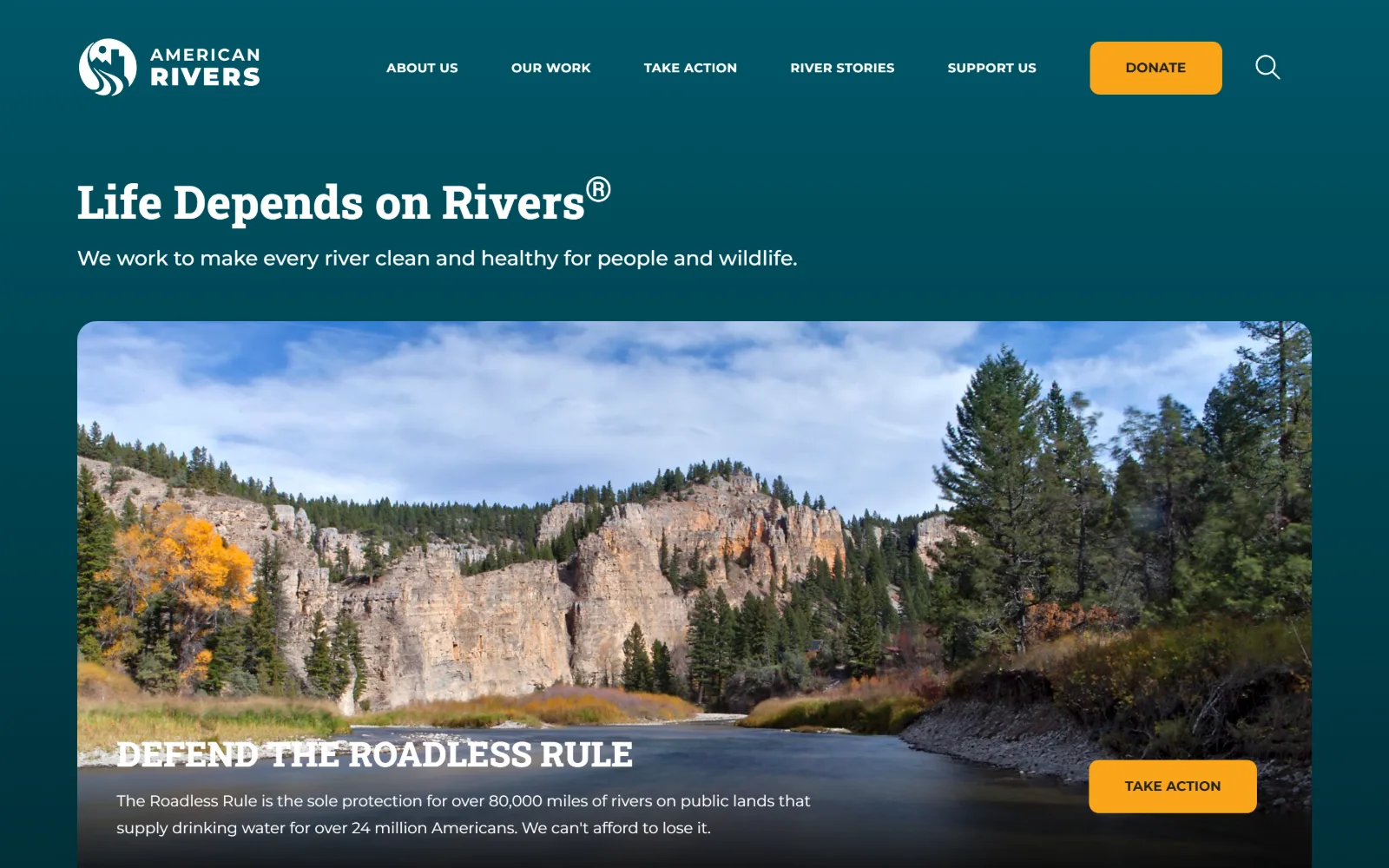 americanrivers.org, nonprofit website design: deep teal covers the upper page behind a slab-serif headline and strapline