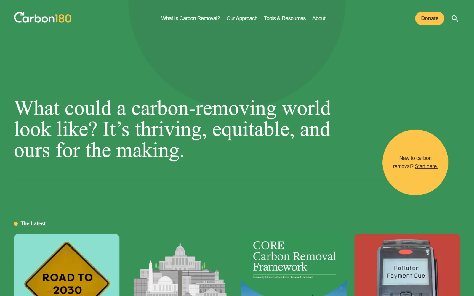 carbon180.org, nonprofit website design: flat mid-green fills the frame behind a three-line serif question set in white