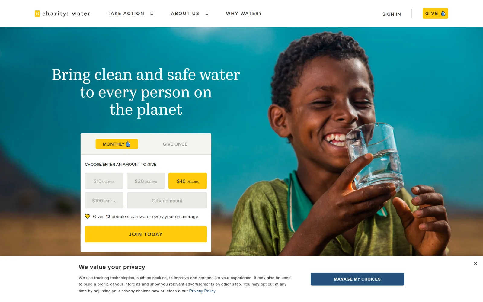 charitywater.org, nonprofit website design: monthly amount options inside a donation card sit in the hero
