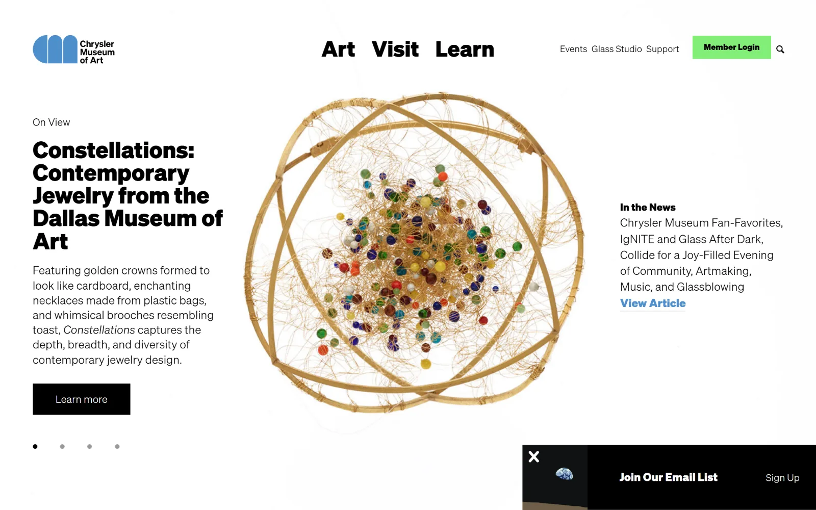 chrysler.org, nonprofit website design: gold wire and glass beads form a sculpture floating on white between a left column of exhibition