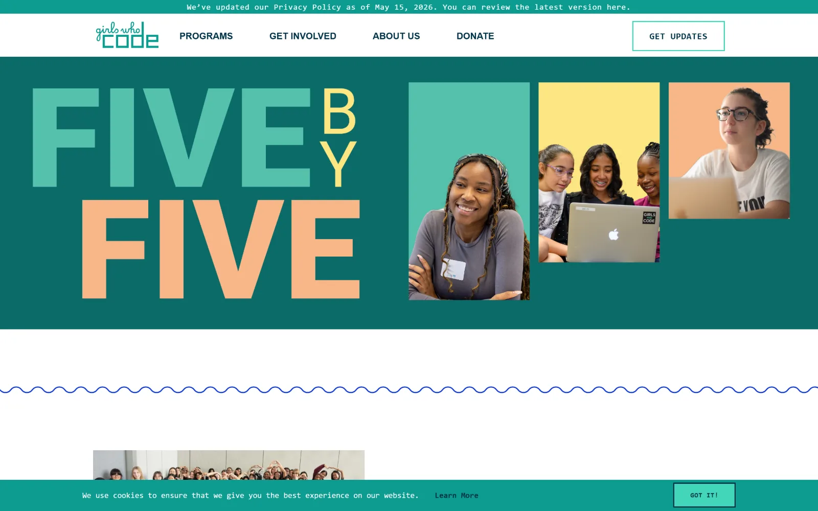 girlswhocode.com, nonprofit website design: the words FIVE BY FIVE fill the left half in mint and peach block letters beside three