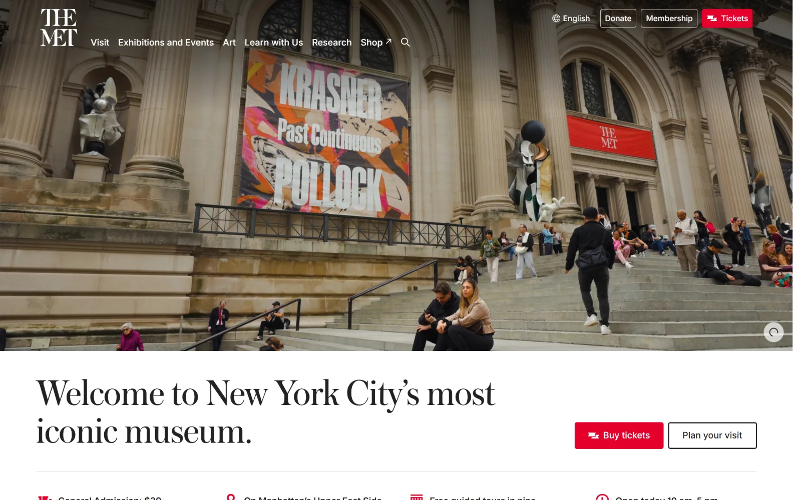 metmuseum.org, nonprofit website design: stone steps under a Krasner and Pollock banner fill the upper half of the frame