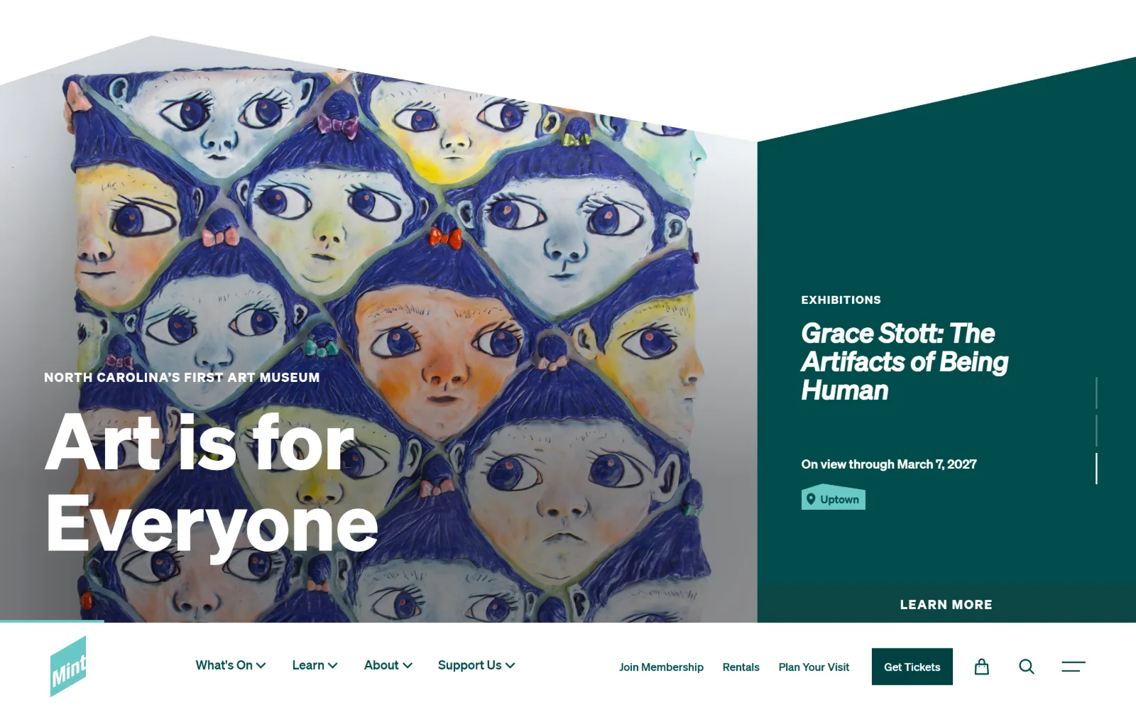 mintmuseum.org, nonprofit website design: stacked cartoon faces from a painting sit behind an angled mask against a dark teal panel