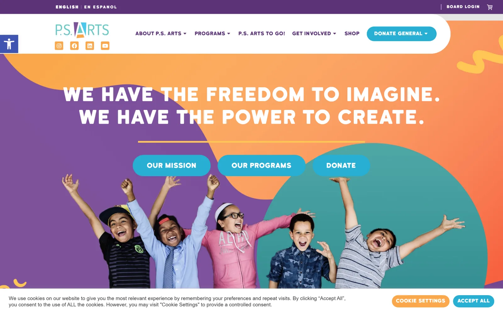 psarts.org, nonprofit website design: purple, orange and teal organic shapes sit behind a white all-caps headline and three rounded blue