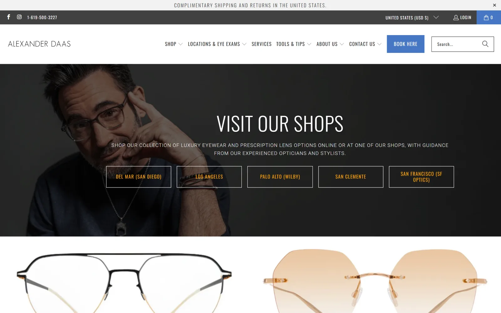 alexanderdaas.com, optometrist website design: a dark portrait of a man adjusting his glasses runs behind VISIT OUR SHOPS