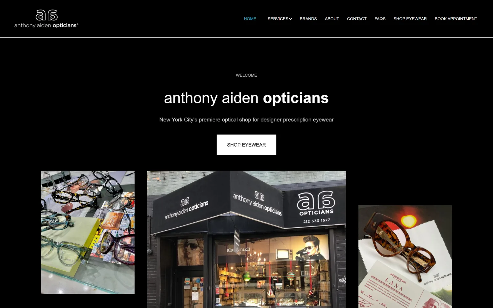 anthonyaidenopticians.com, optometrist website design: a pure black page: WELCOME in small caps