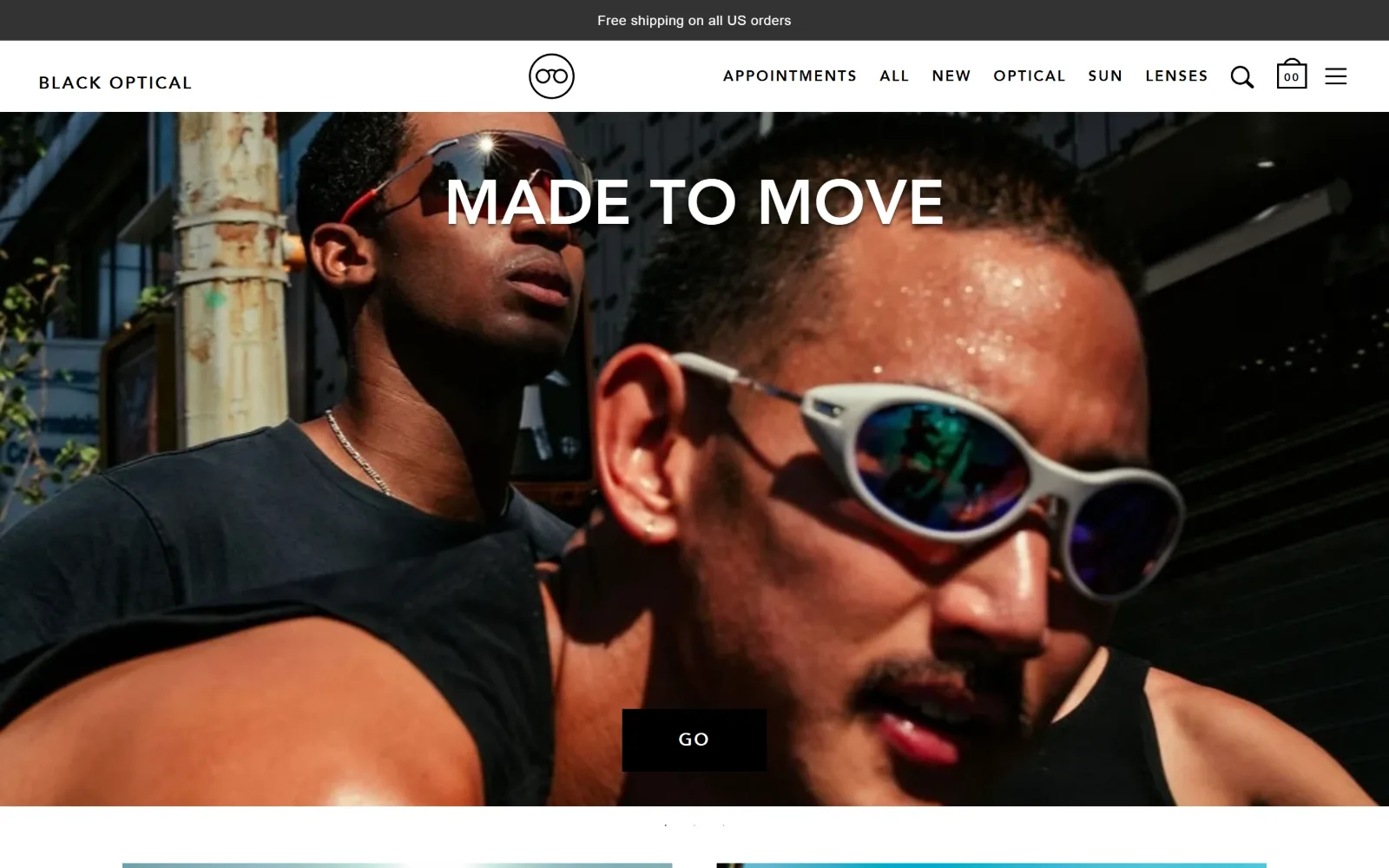 blackoptical.com, optometrist website design: a full-bleed street photograph of two men in sunglasses