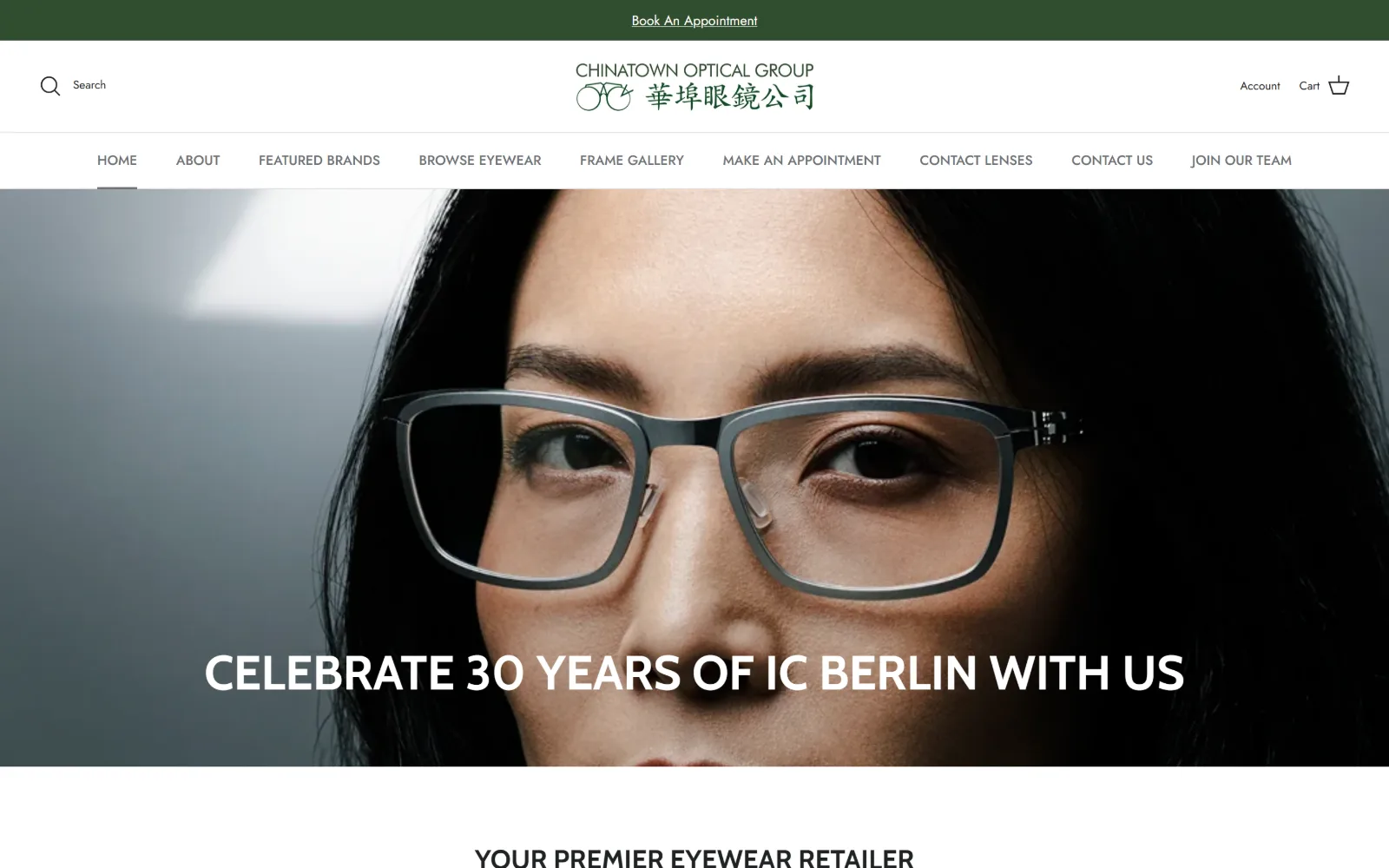 chinatownoptical.com, optometrist website design: a tight portrait of a woman in grey titanium frames fills the hero