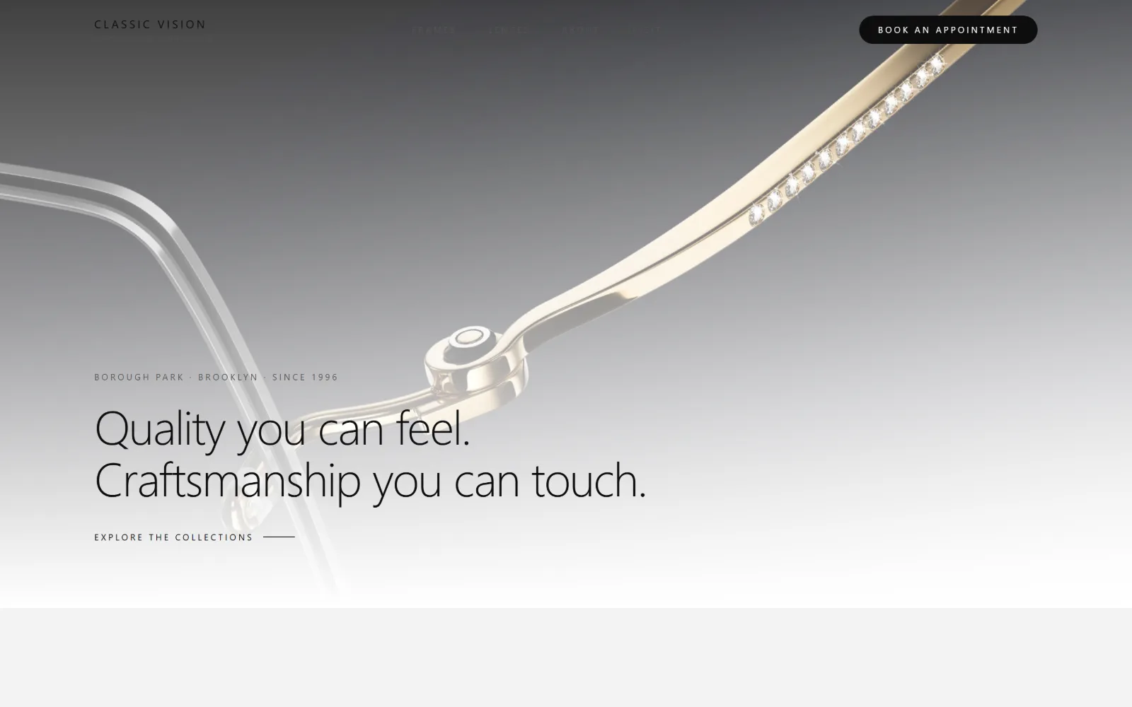 classicvisionoptical.com, optometrist website design: a macro photograph of a gold temple arm set with crystals fills the frame