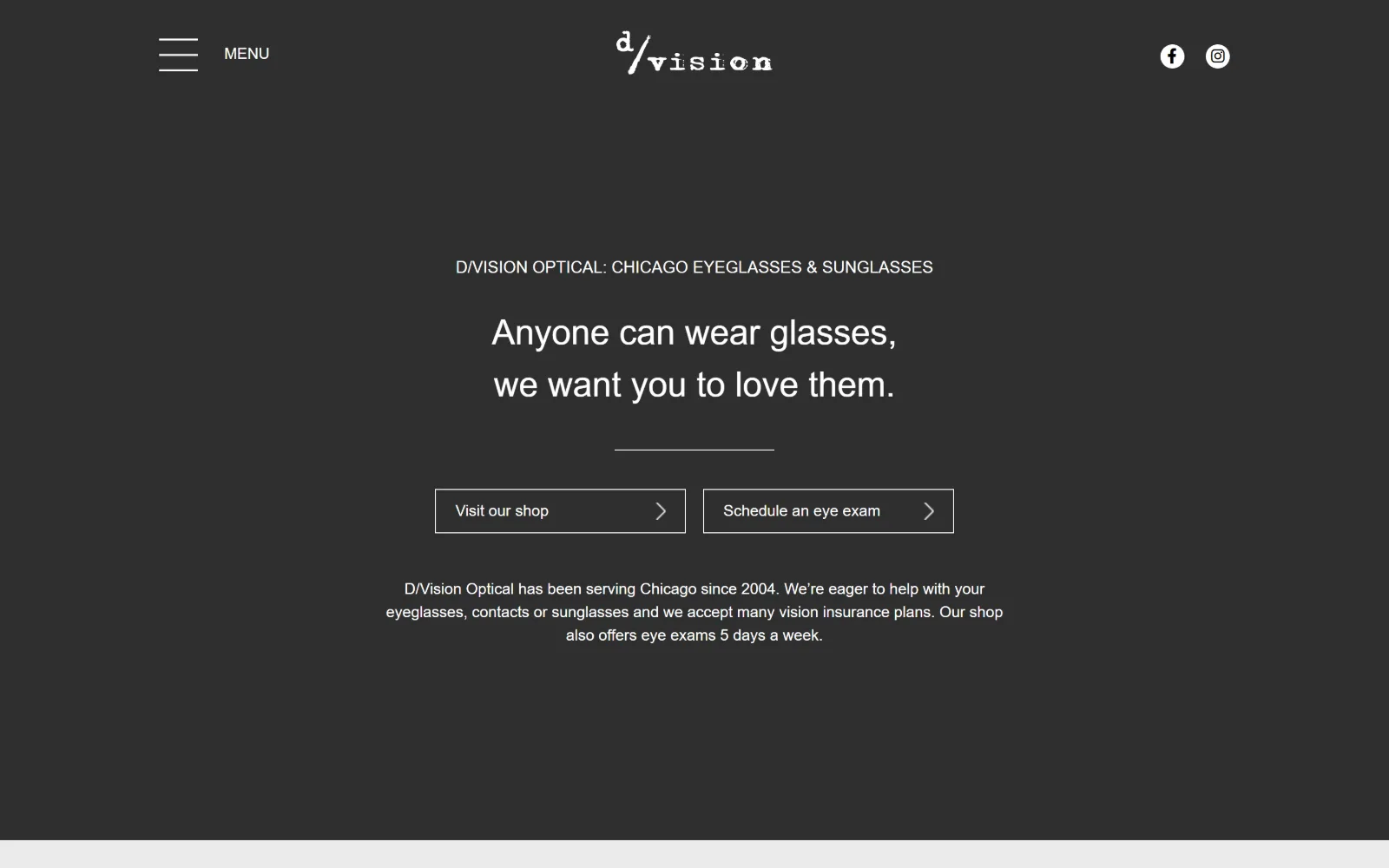 dvoptical.com, optometrist website design: a charcoal page with a typewriter-style wordmark centred at the top, a two-line headline