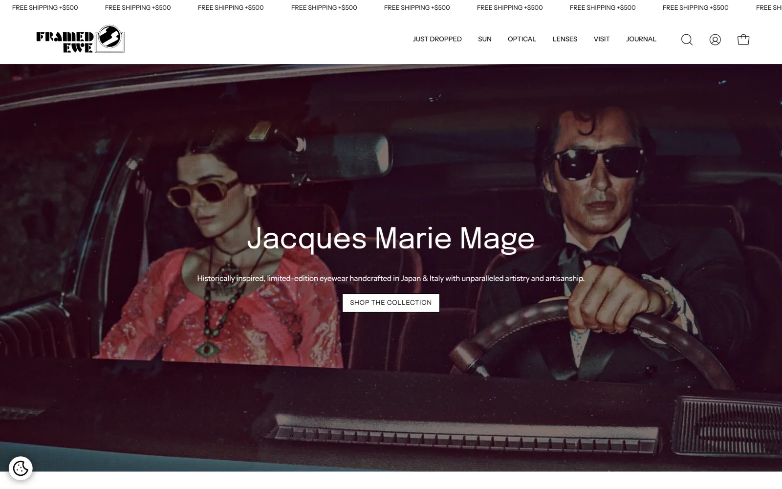 framedewe.com, optometrist website design: a grainy campaign still of two people in a car in sunglasses