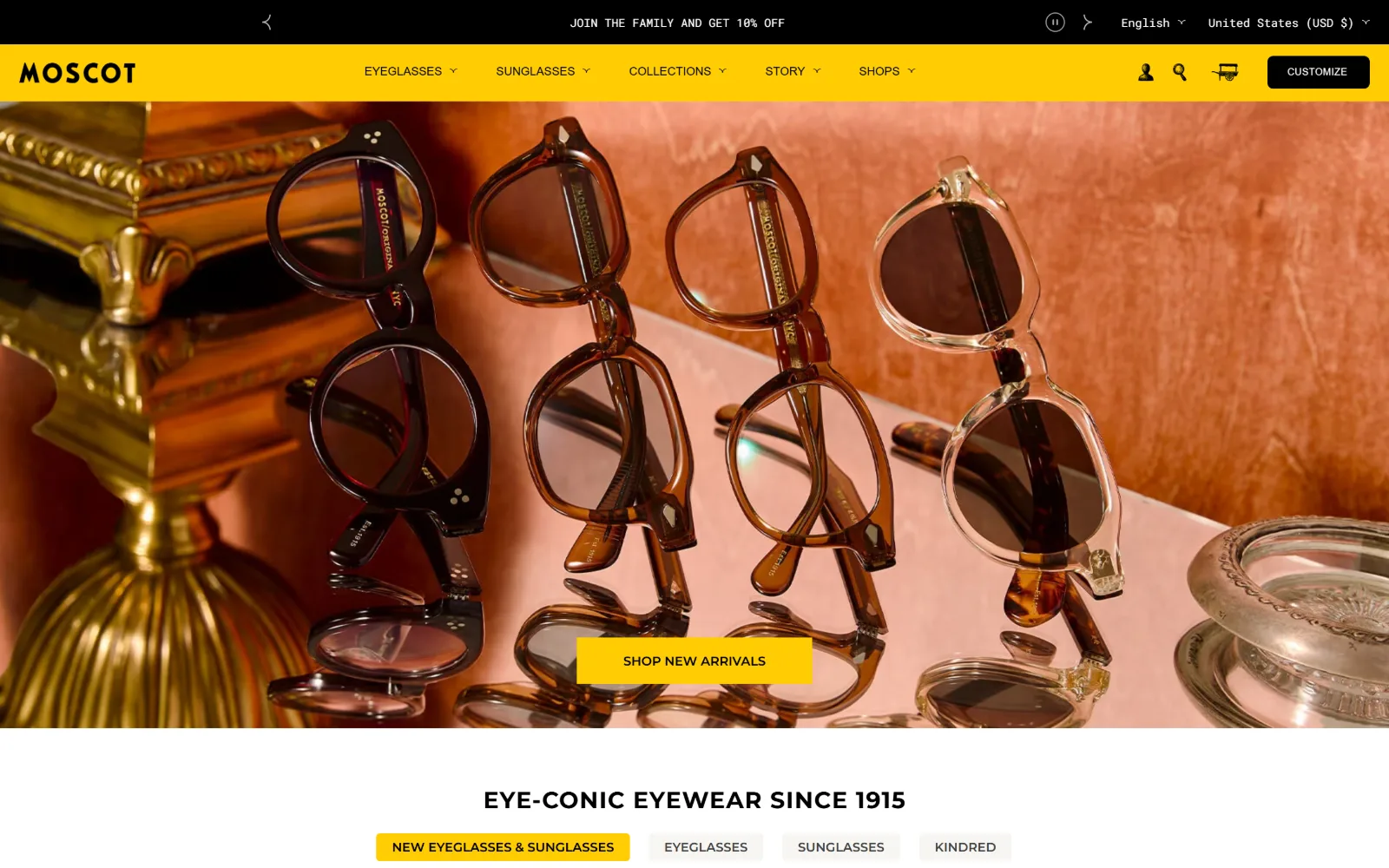 moscot.com, optometrist website design: a yellow navigation band runs above a warm still life of four frames propped on a pink ledge