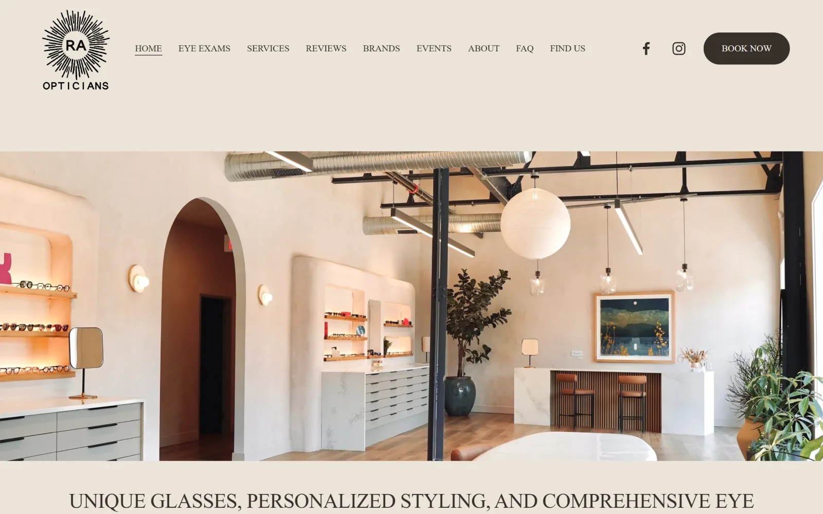raopticians.com, optometrist website design: a sand-coloured header band holds a starburst logo and nine nav items above a wide photograph