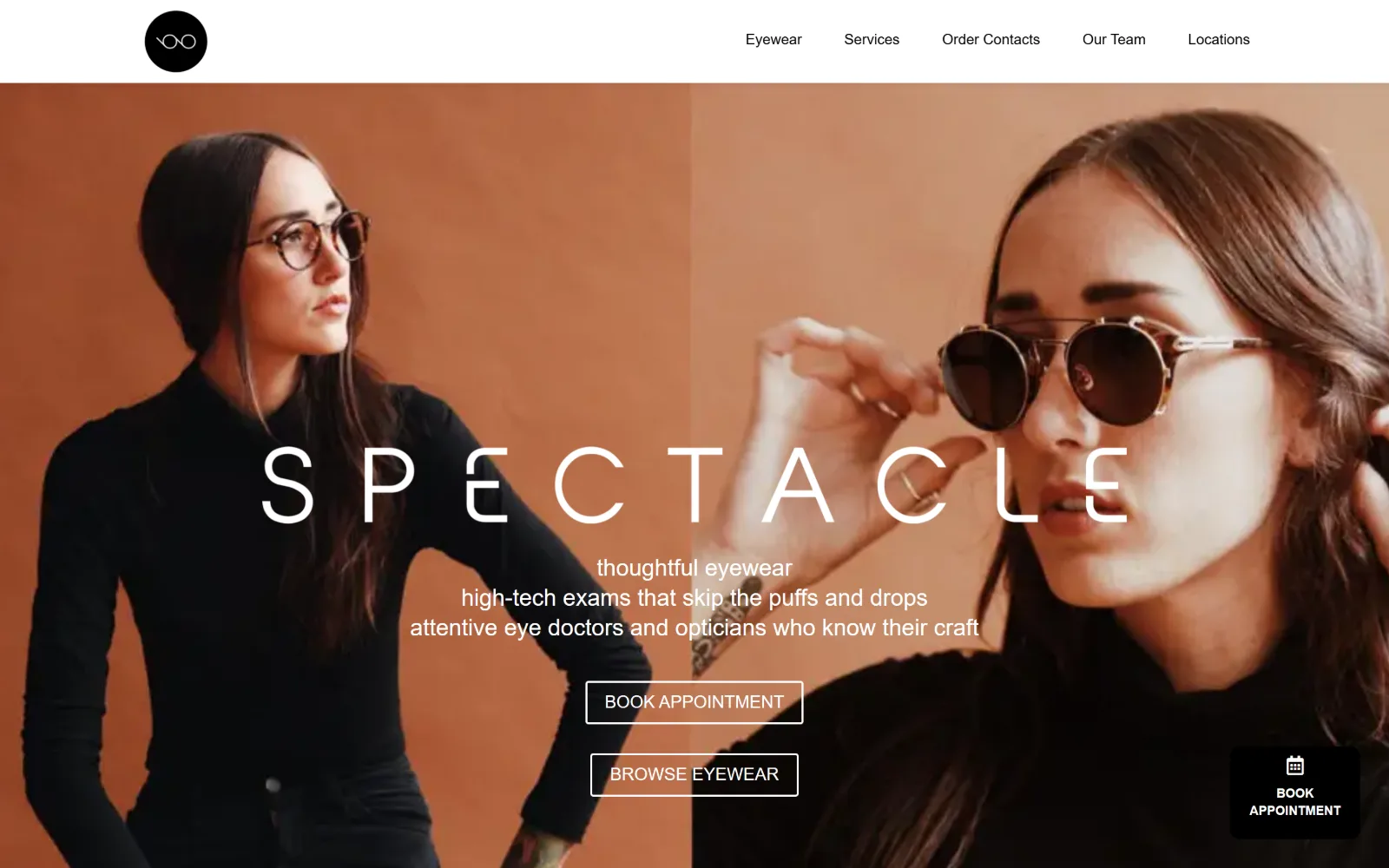 spectaclepdx.com, optometrist website design: two terracotta-toned portraits butted edge to edge