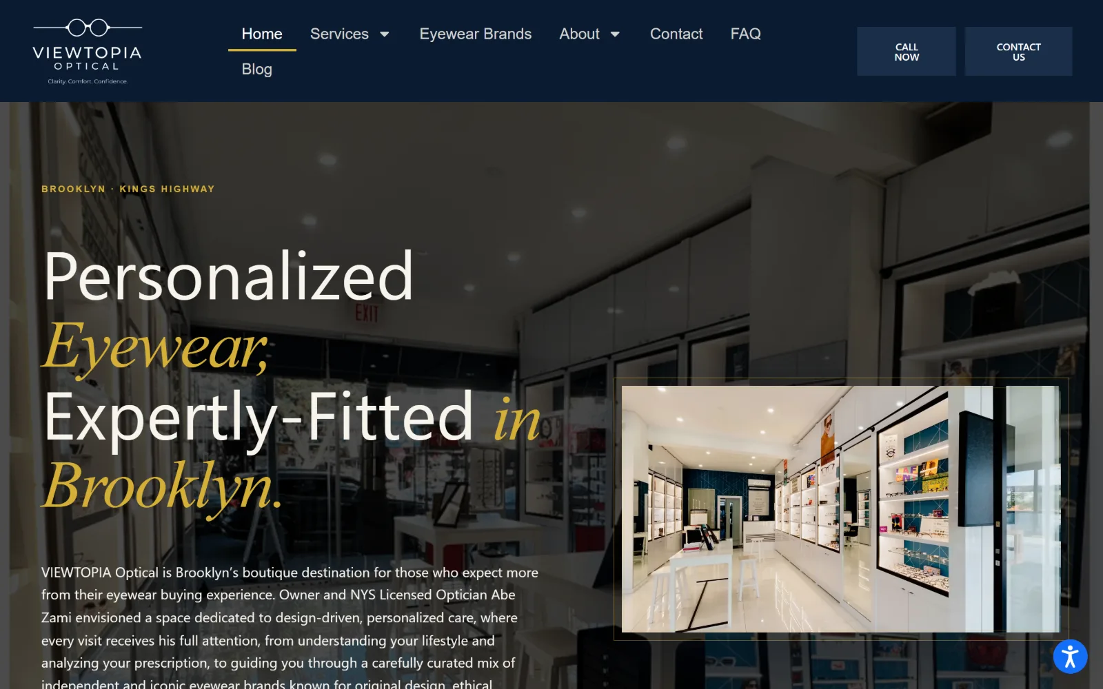 viewtopiaoptical.com, optometrist website design: a navy header over a dimmed video of a bright shop interior