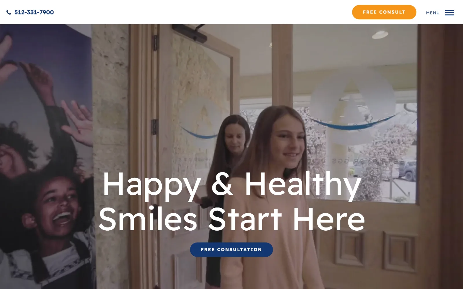 austinorthodontics.com, orthodontist website design: a video still of a girl walking out through a timber clinic door