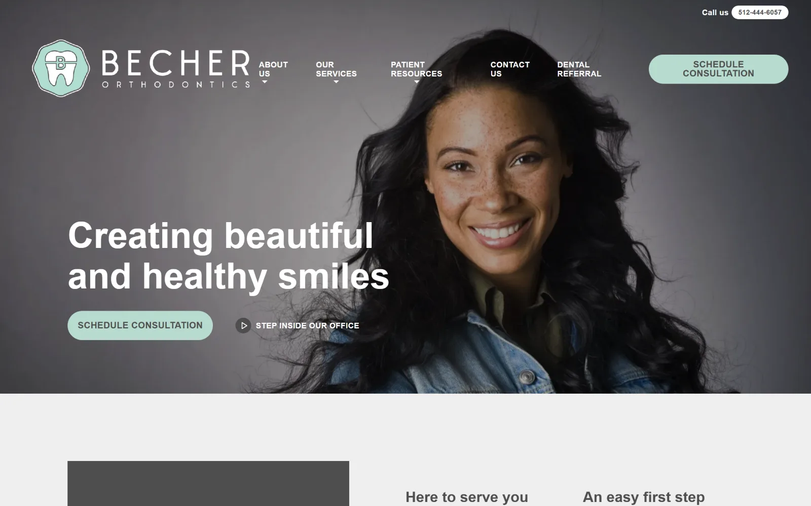 austinsmilefixer.com, orthodontist website design: a portrait of a smiling woman against a grey studio backdrop fills the right half