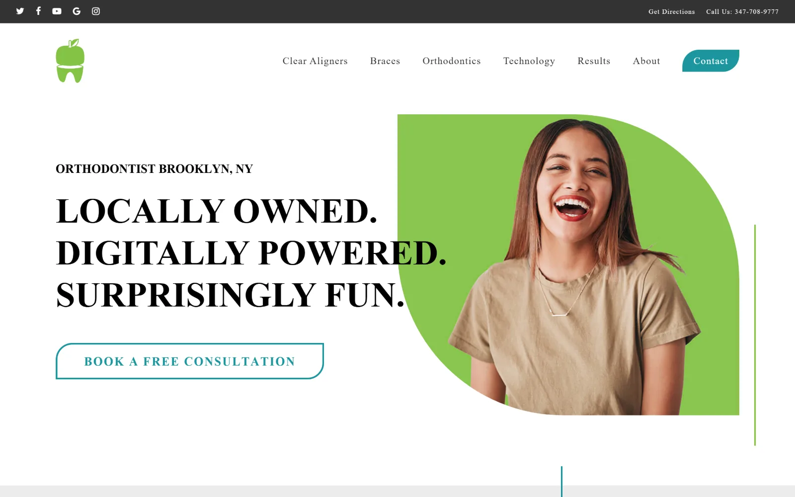 freshorthodontics.com, orthodontist website design: three lines of heavy black capitals sit left of a laughing patient cut into