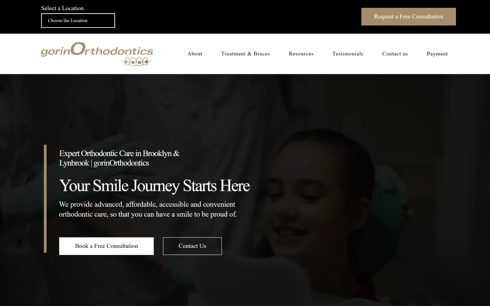 gorinortho.com, orthodontist website design: a darkened photograph of a child in a treatment chair sits under a black utility strip