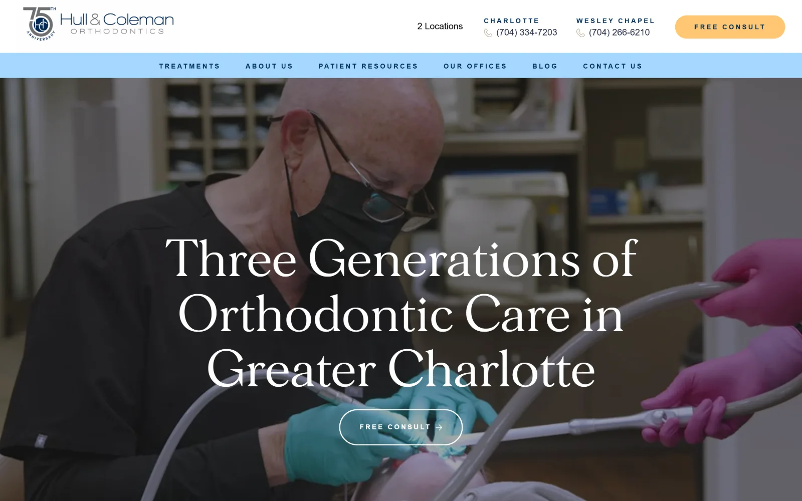 hullandcoleman.com, orthodontist website design: a video still of a masked orthodontist working fills the frame
