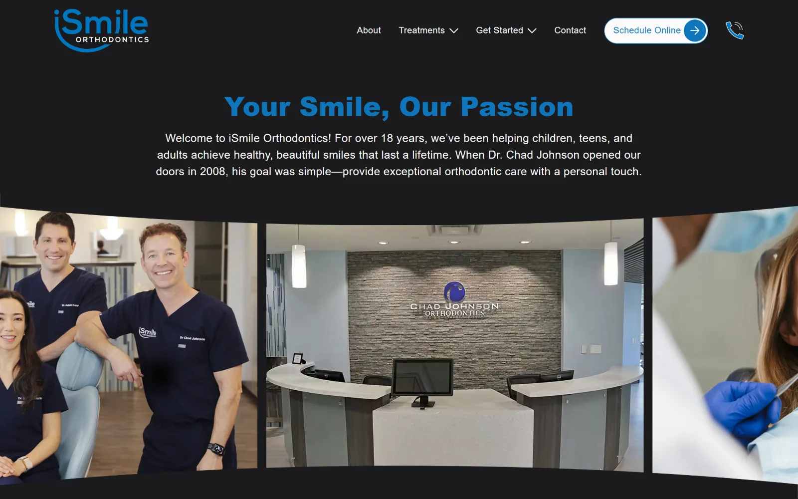 ismilecharlotte.com, orthodontist website design: a near black page carries a centred blue heading and a short paragraph above a band