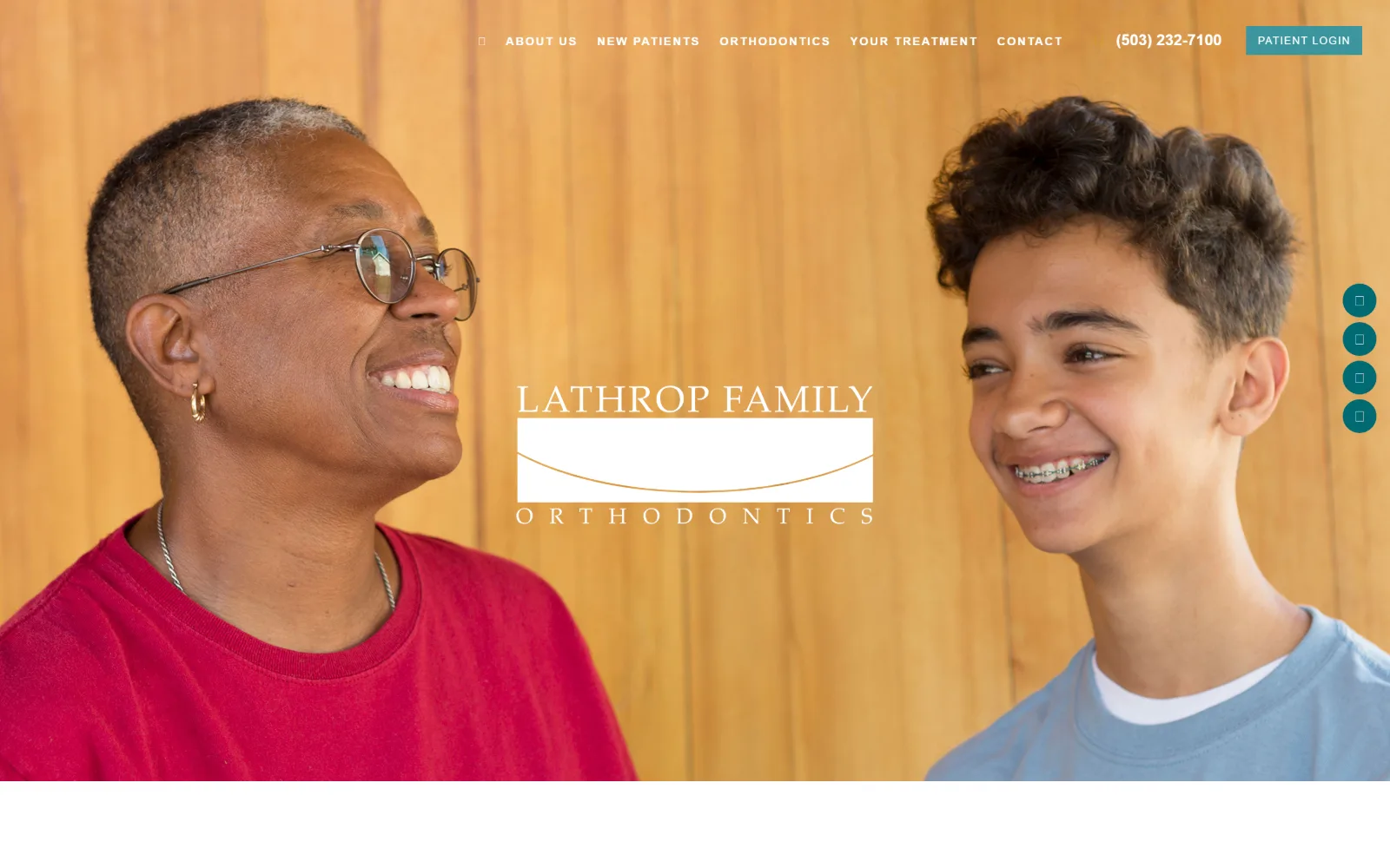 lathroportho.com, orthodontist website design: two patients face each other across a warm timber wall
