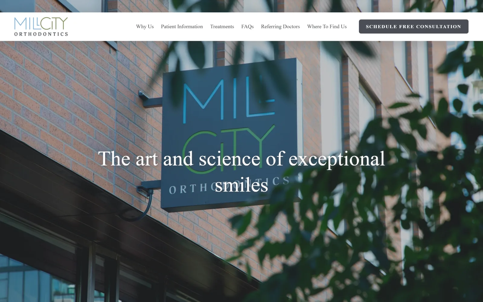 millcityortho.com, orthodontist website design: a photograph of the practice sign bolted to a brick wall