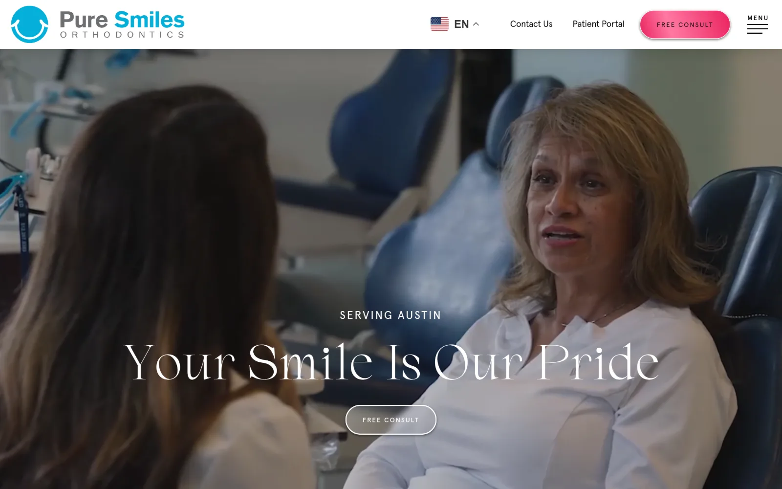 puresmilesortho.com, orthodontist website design: a clinical video still of a clinician talking to a patient in a treatment chair