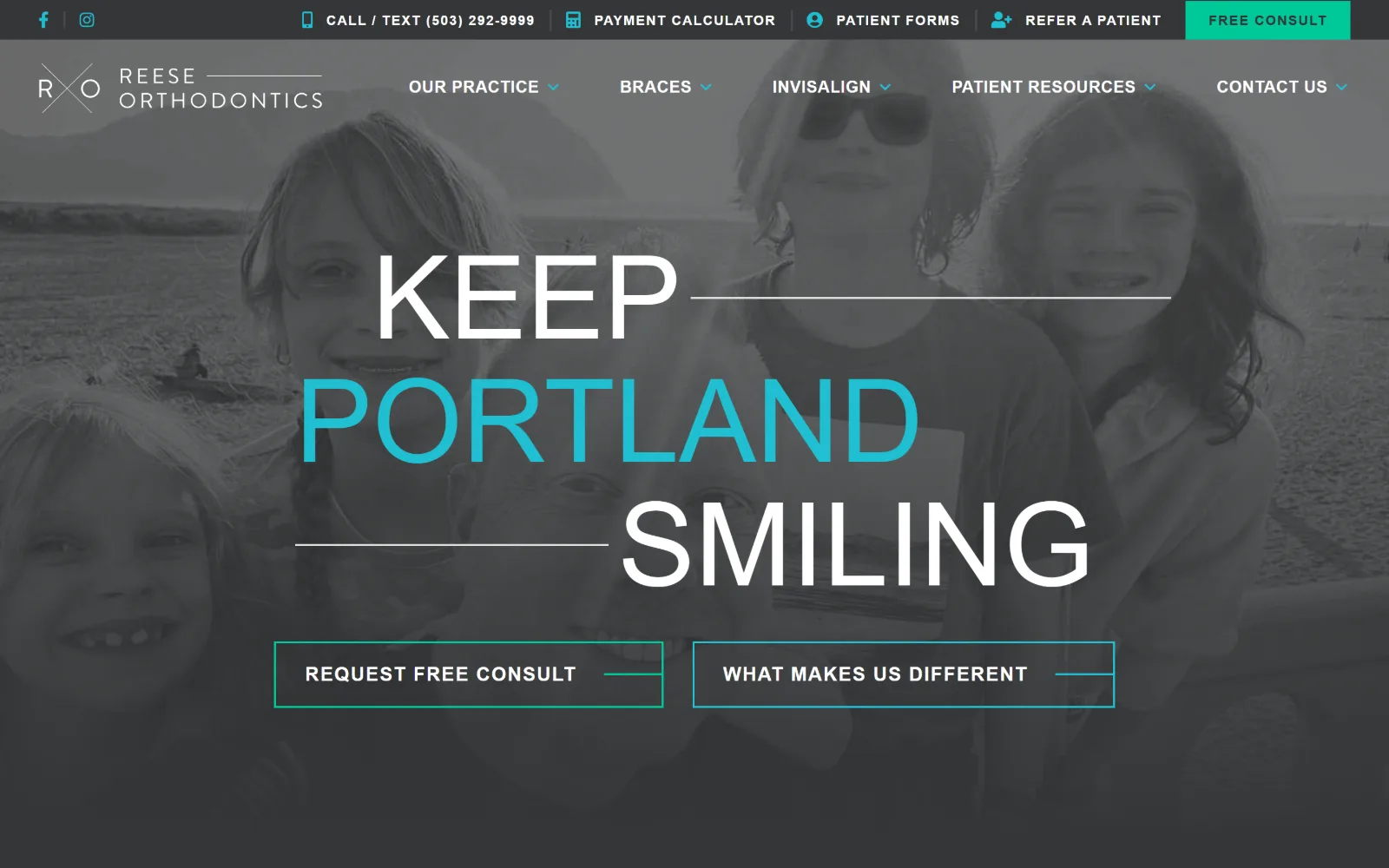 reeseorthopdx.com, orthodontist website design: three words stacked huge across a desaturated beach photo of grinning children