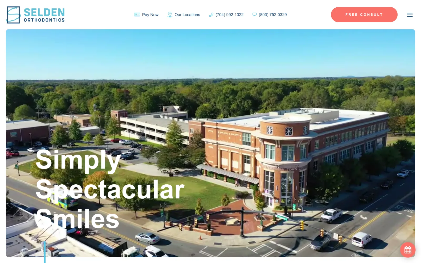 seldensmiles.com, orthodontist website design: drone footage of a brick town centre building and its parking lot