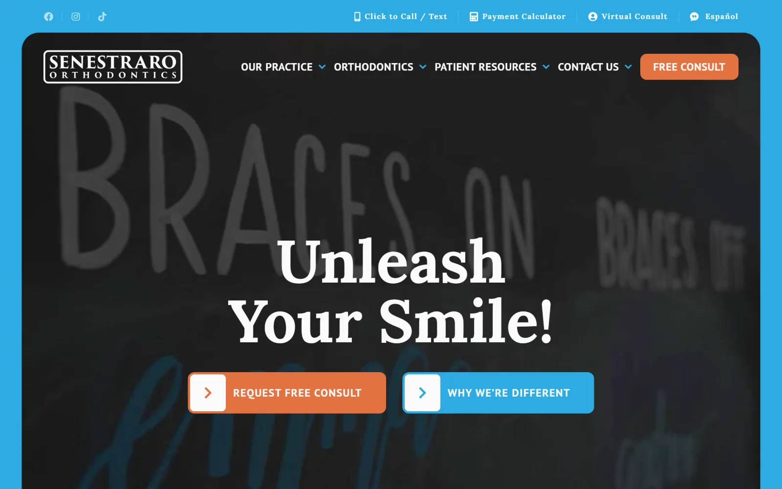senestrarofamilyortho.com, orthodontist website design: a dark video panel of a chalkboard reading Braces On sits inset inside a bright