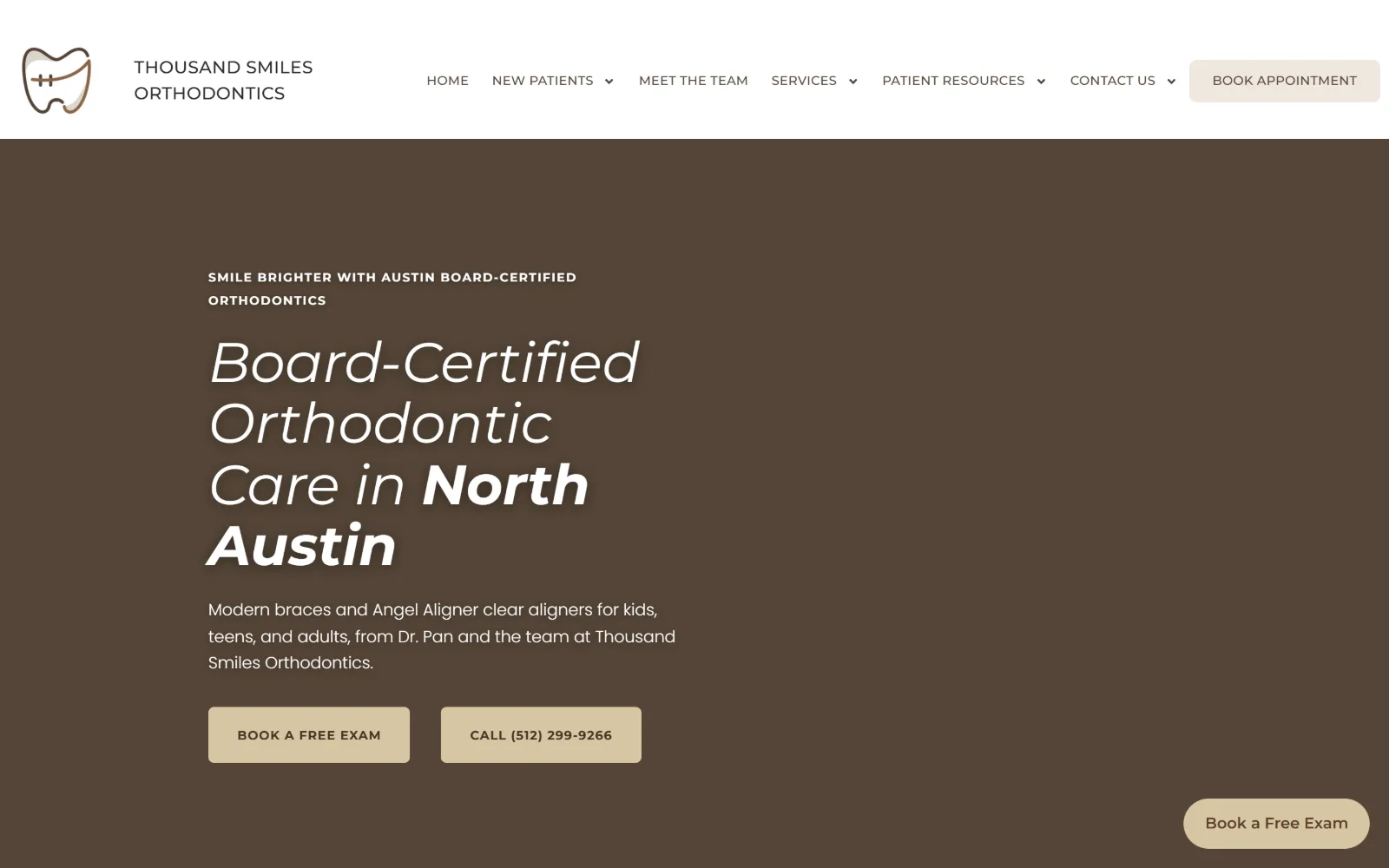 thousandsmilesaustin.com, orthodontist website design: a deep brown field holds an italic white headline over four lines with North Austin