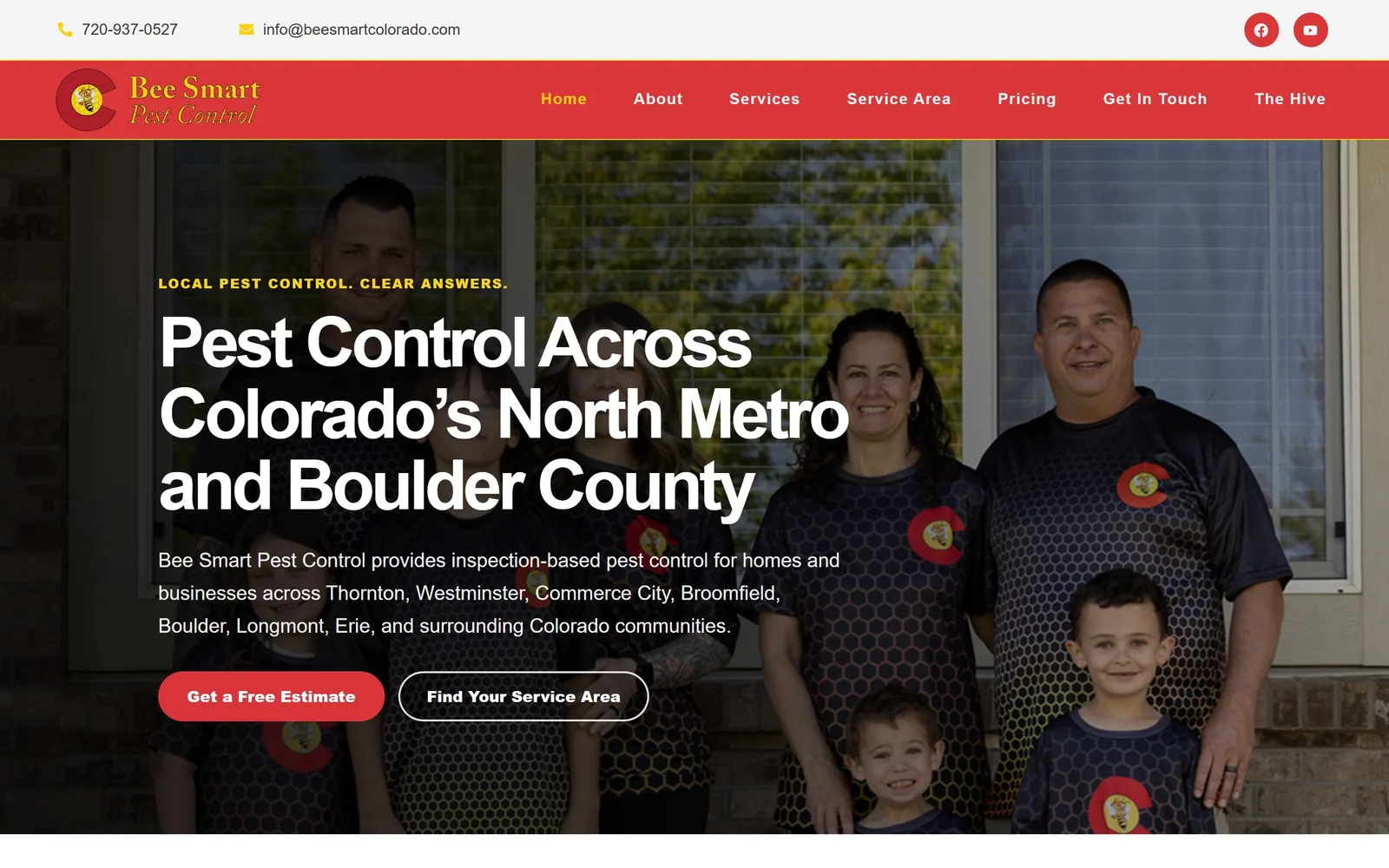 beesmartcolorado.com, pest control website design: red and gold instead of the usual green