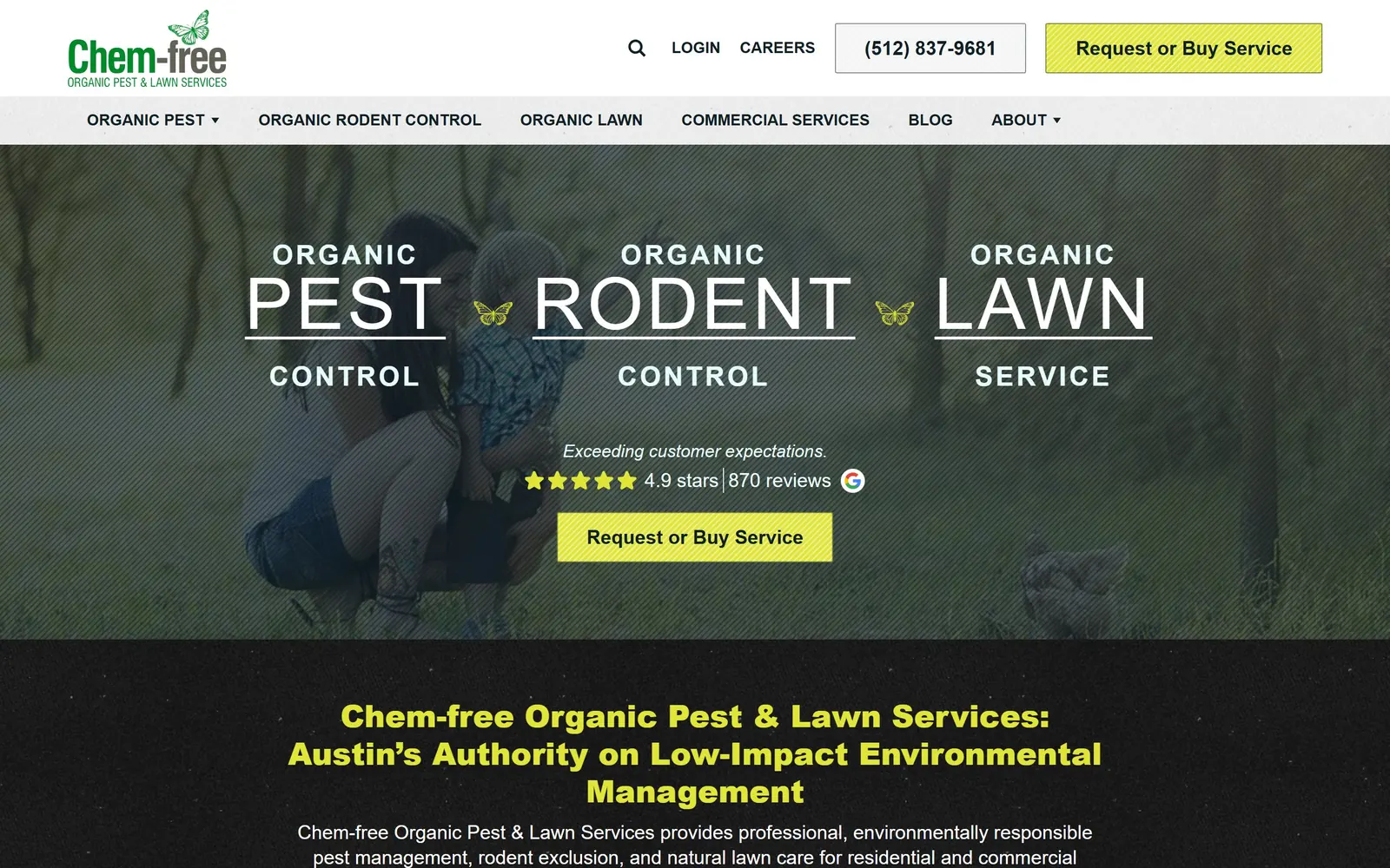 chemfreepestandlawn.com, pest control website design: three services set as one typographic banner across the hero