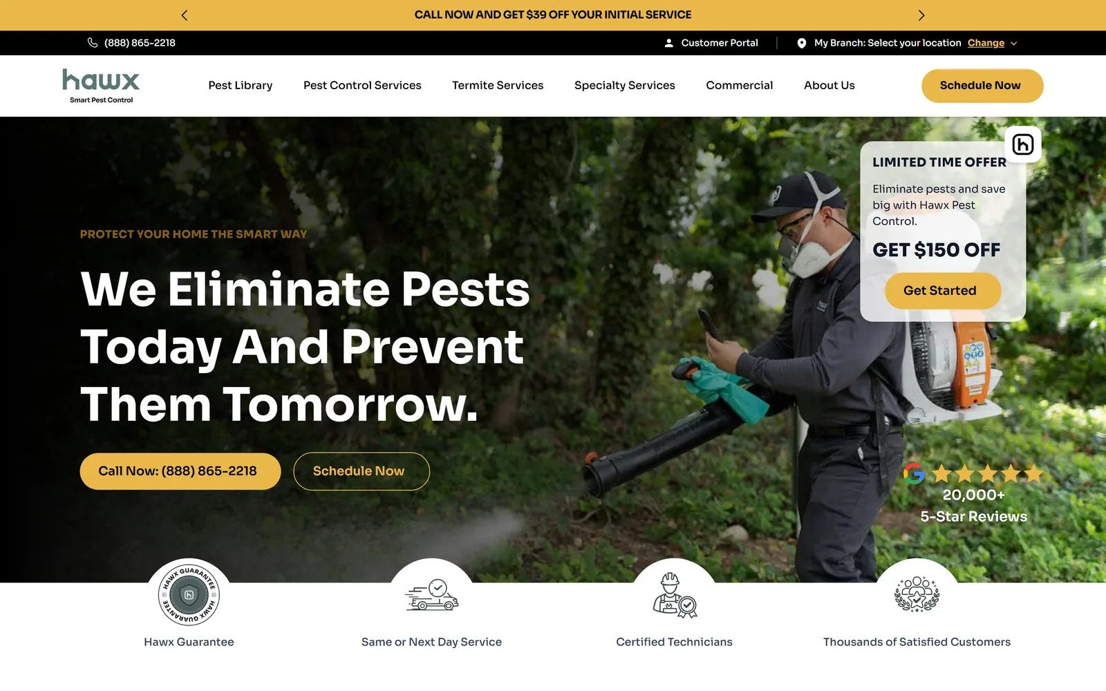 hawxpestcontrol.com, pest control website design: sora at 60px in three short lines