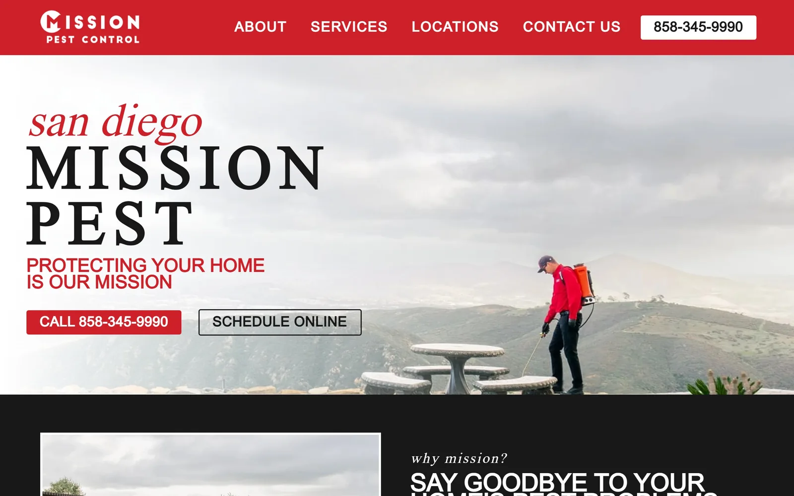 missionpestcontrol.com, pest control website design: a red italic serif whispering san diego over a black serif lockup