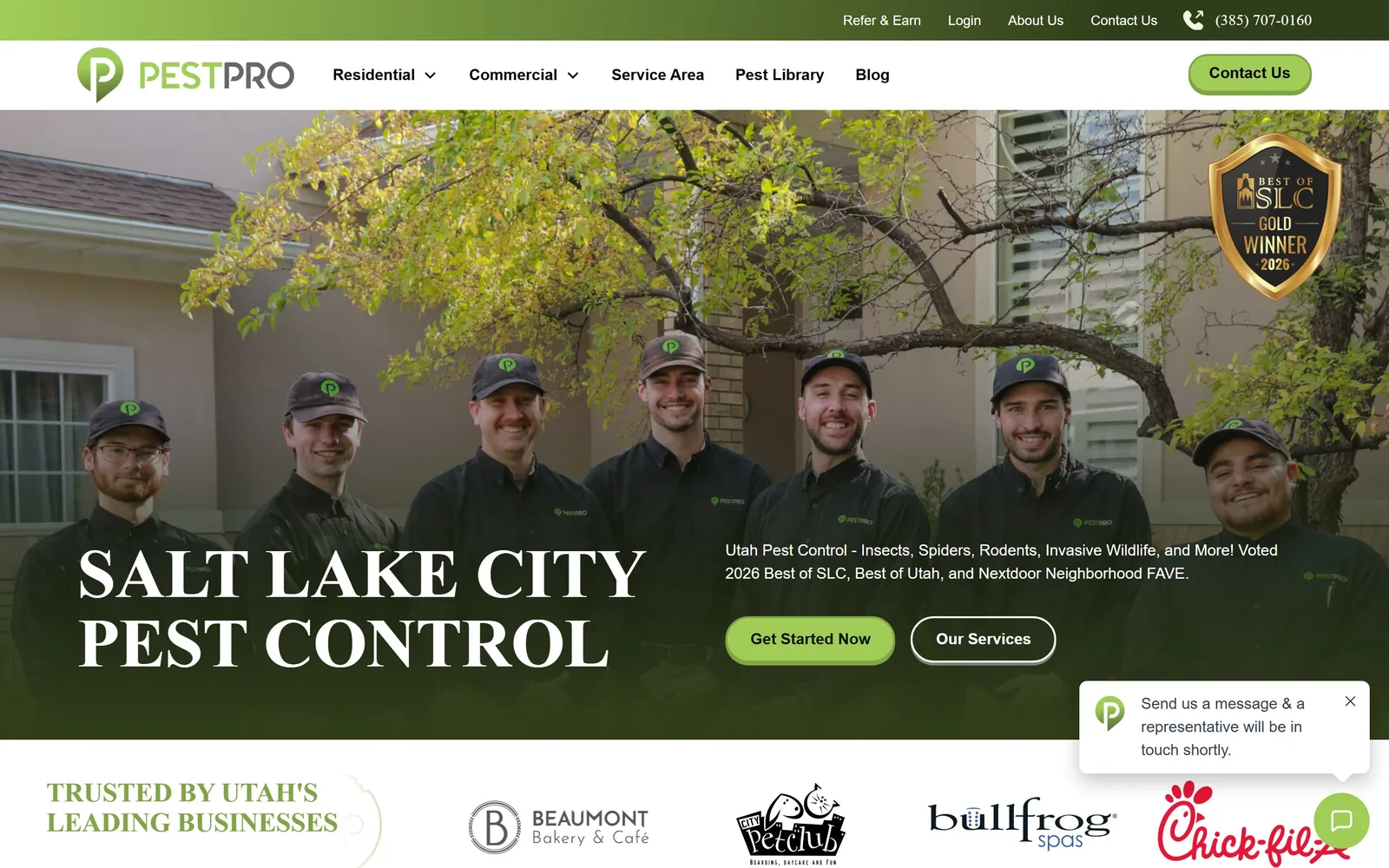 pestproutah.com, pest control website design: seven technicians under an autumn tree, with the city name set across them in a tall serif
