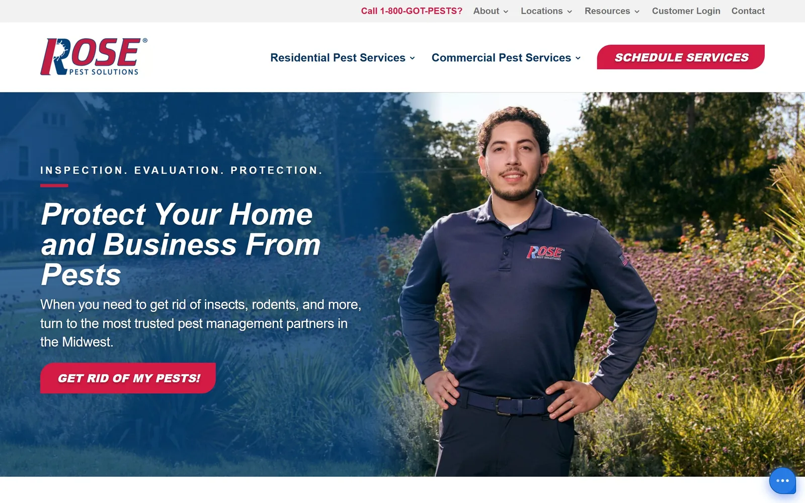 rose.us, pest control website design: an italic headline leaning forward over a technician in a wildflower meadow, in Midwest navy and red