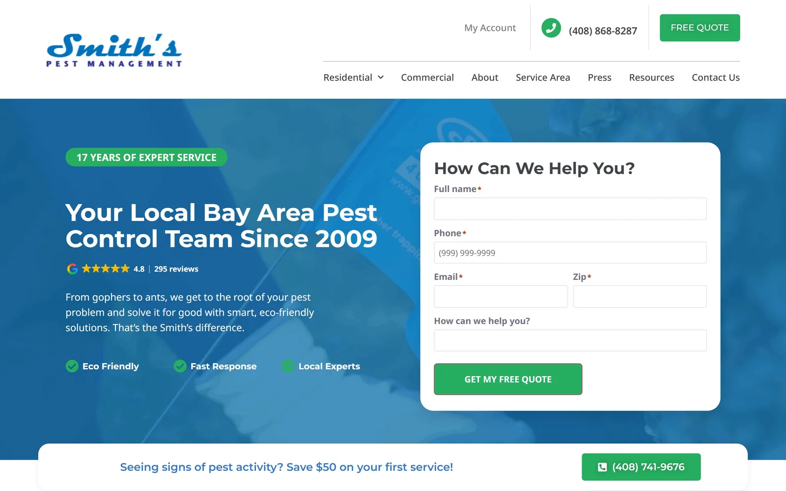 smithspestmanagement.com, pest control website design: a blue gradient, a quote form and a script logo, done neatly rather than memorably