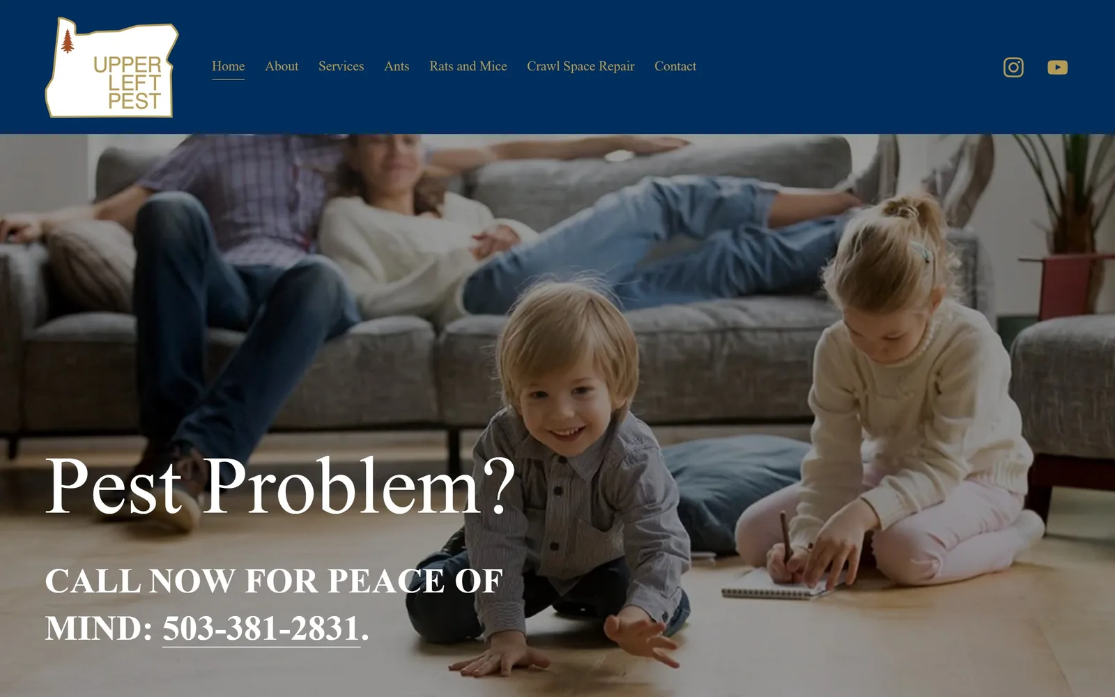 upperleftpest.net, pest control website design: oregon as a logo, gold on navy, above a serif headline you could read across a room