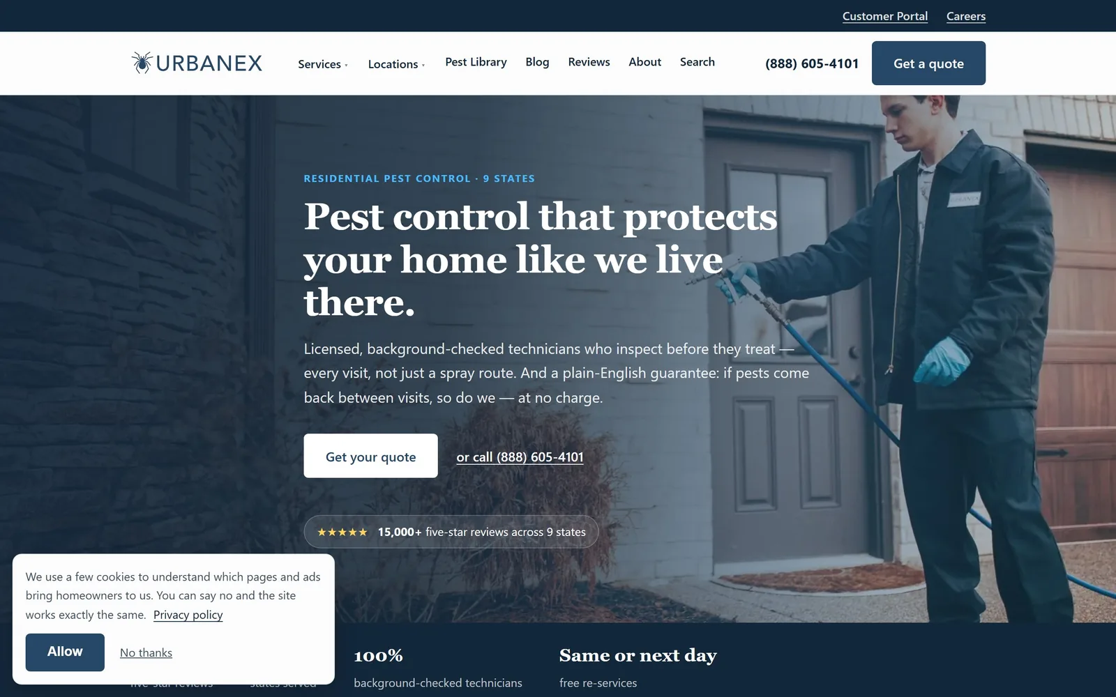urbanexpro.com, pest control website design: a Georgia serif at 48px over a technician mid spray