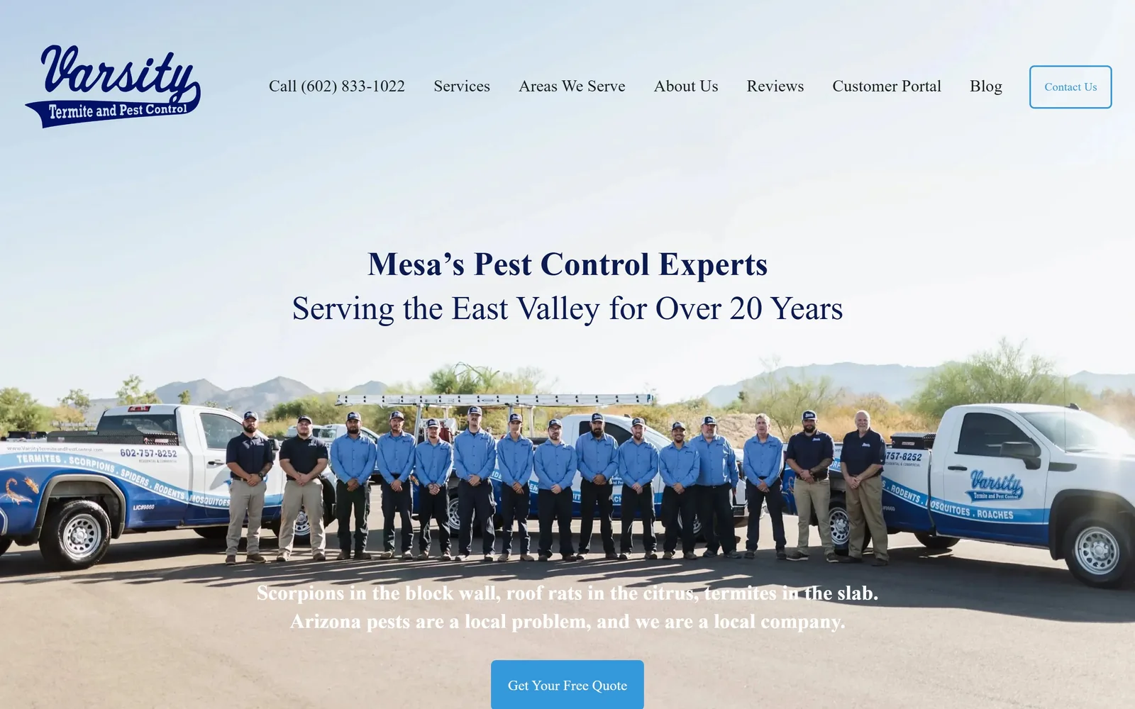 varsitytermiteandpestcontrol.com, pest control website design: a baseball script logo over a pale desert sky