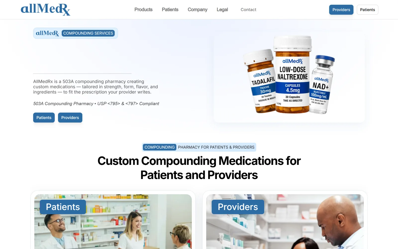 allmedrx.org, pharmacy website design: framer build on white: a blue pill badge, a paragraph where a headline should be