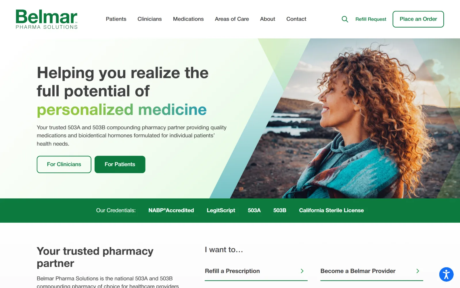 belmarpharmasolutions.com, pharmacy website design: white hero, headline shifting from light green to teal on its last line
