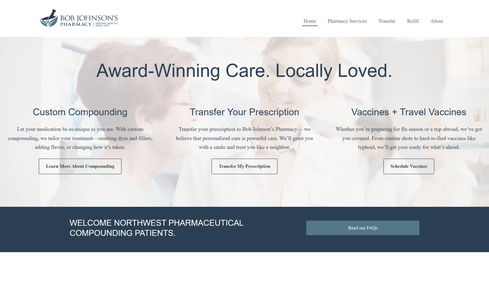 bobjohnsonspharmacy.com, pharmacy website design: three equal text columns sit over a faded photograph of two people