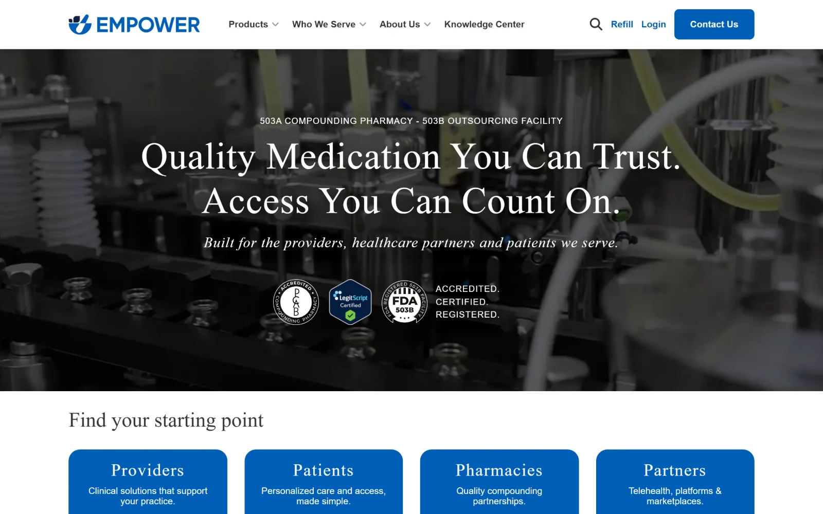 empowerpharmacy.com, pharmacy website design: grayscale filling line fills the hero behind a white serif headline