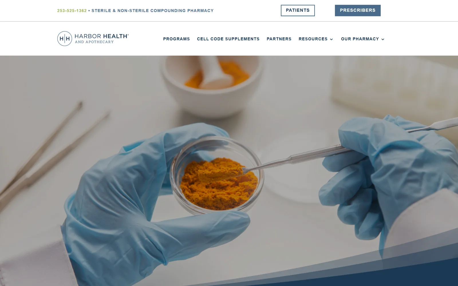 harborhealth.net, pharmacy website design: two tier white header carrying a phone number and two audience buttons