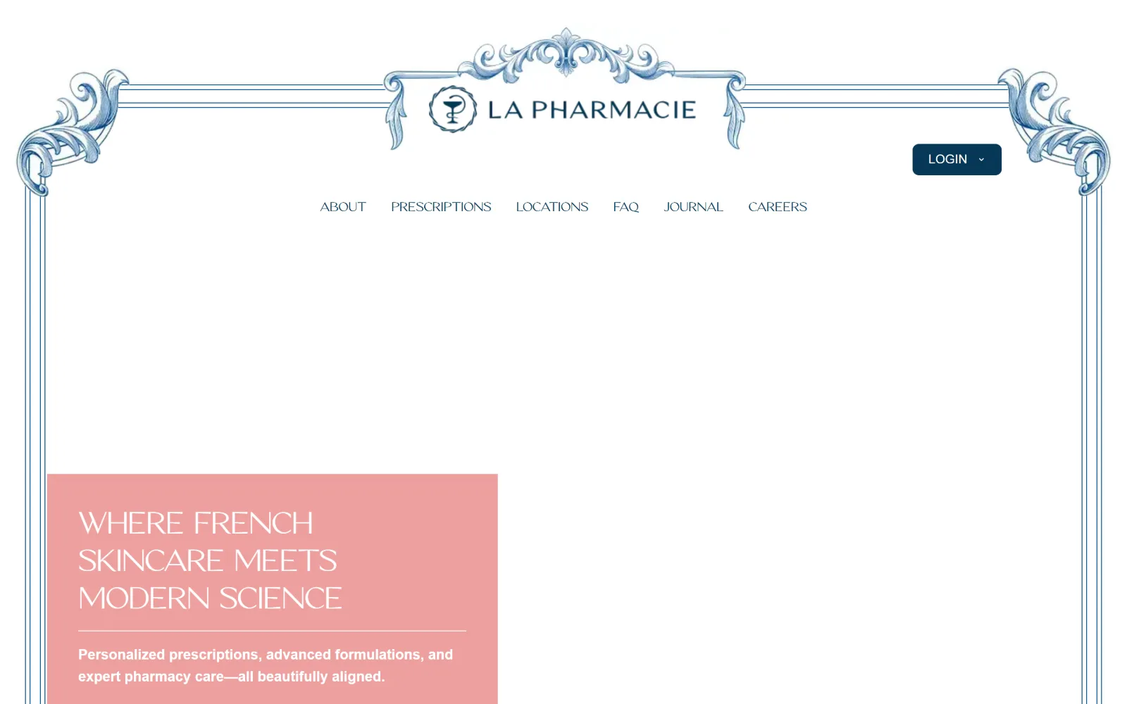 la-pharmacie.com, pharmacy website design: an engraved blue filigree frame runs round a white page, with a centred logo, six caps nav items
